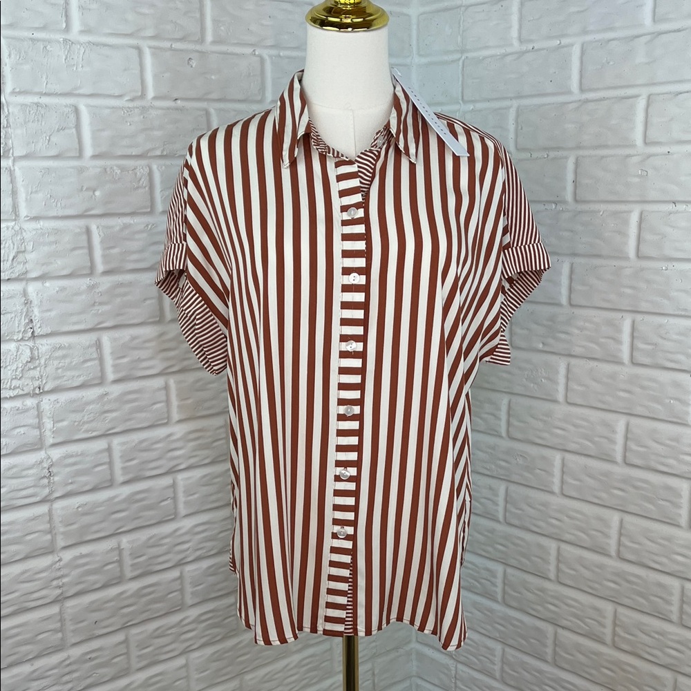 JANE AND DELANCEY STRIPE 100% RAYON BLOUSE CREAM BROWN CUFF SLEEVE MED NWT